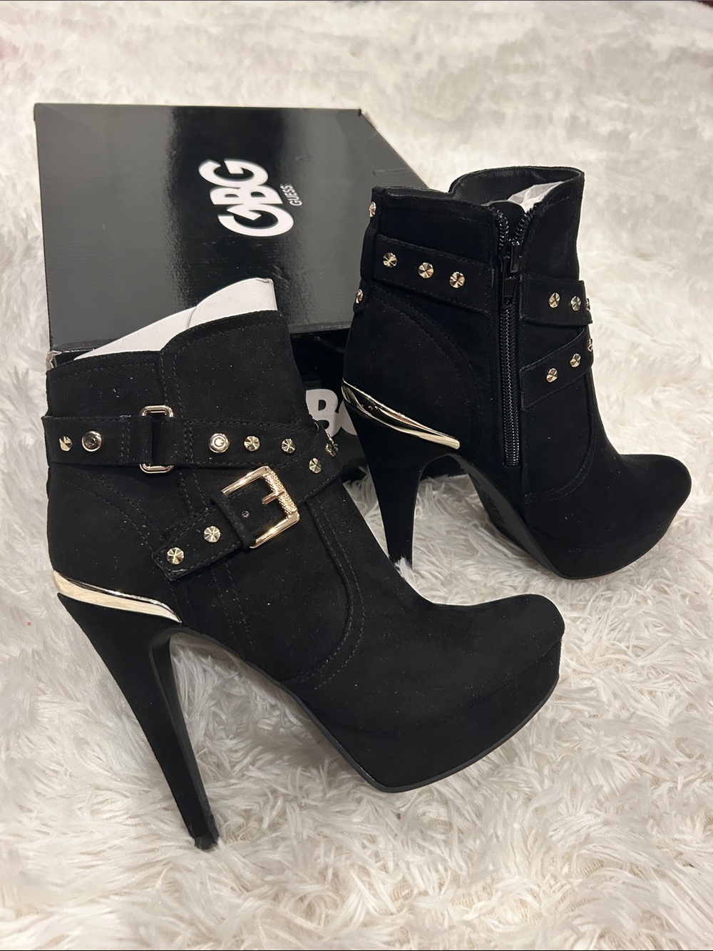 Guess Deeka Black Suede Studded Ankle Booties with Gold Accents